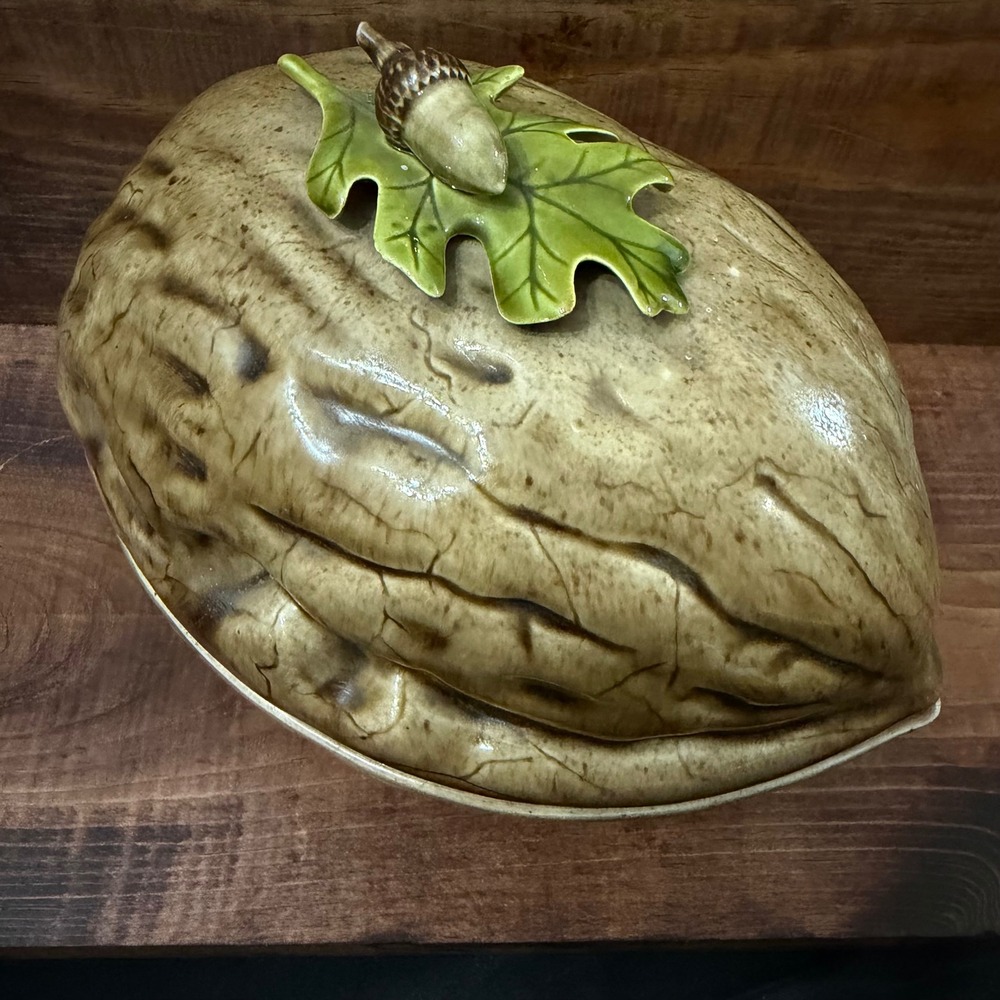 Vintage Ceramic Walnut Shaped Lidded Dish with Acorn and Oak Leaf Finial Brown